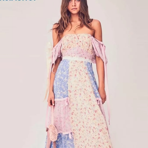 Floral Chiffon Multi-Color Square Neck Puff Sleeve Maxi Dress - Picture 3 of 16